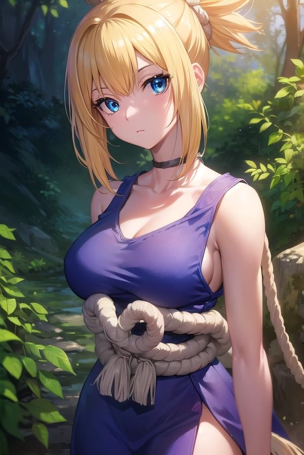 kohaku, <lora:kohaku-lora-nochekaiser:1>,kohaku, blonde hair, blue eyes, hair ornament, ponytail,BREAK bare shoulders, blue dress, choker, dress, rope, rope belt, sleeveless, sleeveless dress, BREAK looking at viewer, full body, (cowboy shot:1.5),BREAK outdoors, sky, forest, nature,BREAK <lyco:GoodHands-beta2:1>, (masterpiece:1.2), best quality, high resolution, unity 8k wallpaper, (illustration:0.8), (beautiful detailed eyes:1.6), extremely detailed face, perfect lighting, extremely detailed CG, (perfect hands, perfect anatomy),