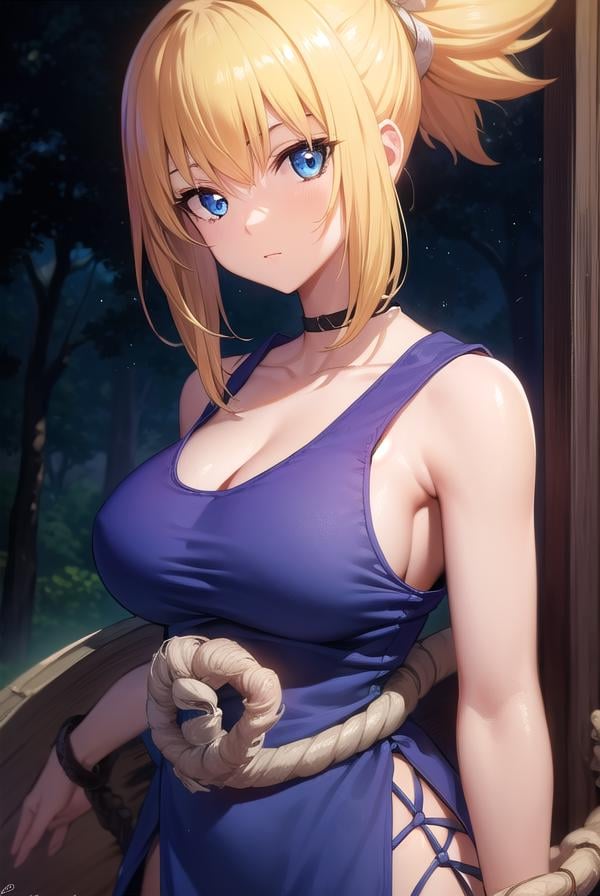 kohaku, <lora:kohaku-lora-nochekaiser:1>,kohaku, blonde hair, blue eyes, hair ornament, ponytail,BREAK bare shoulders, blue dress, choker, dress, rope, rope belt, sleeveless, sleeveless dress, BREAK looking at viewer, full body, (cowboy shot:1.5),BREAK outdoors, sky, forest, nature,BREAK <lyco:GoodHands-beta2:1>, (masterpiece:1.2), best quality, high resolution, unity 8k wallpaper, (illustration:0.8), (beautiful detailed eyes:1.6), extremely detailed face, perfect lighting, extremely detailed CG, (perfect hands, perfect anatomy),