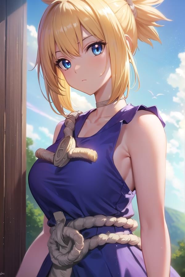 kohaku, <lora:kohaku-lora-nochekaiser:1>,kohaku, blonde hair, blue eyes, hair ornament, ponytail,BREAK bare shoulders, blue dress, choker, dress, rope, rope belt, sleeveless, sleeveless dress, BREAK looking at viewer, full body, (cowboy shot:1.5),BREAK outdoors, sky, forest, nature,BREAK <lyco:GoodHands-beta2:1>, (masterpiece:1.2), best quality, high resolution, unity 8k wallpaper, (illustration:0.8), (beautiful detailed eyes:1.6), extremely detailed face, perfect lighting, extremely detailed CG, (perfect hands, perfect anatomy),