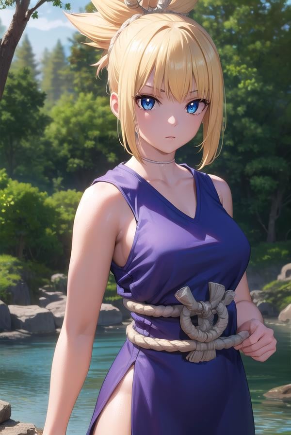 kohaku, <lora:kohaku-lora-nochekaiser:1>,kohaku, blonde hair, blue eyes, hair ornament, ponytail,BREAK bare shoulders, blue dress, choker, dress, rope, rope belt, sleeveless, sleeveless dress, BREAK looking at viewer, full body, (cowboy shot:1.5),BREAK outdoors, sky, forest, nature,BREAK <lyco:GoodHands-beta2:1>, (masterpiece:1.2), best quality, high resolution, unity 8k wallpaper, (illustration:0.8), (beautiful detailed eyes:1.6), extremely detailed face, perfect lighting, extremely detailed CG, (perfect hands, perfect anatomy),