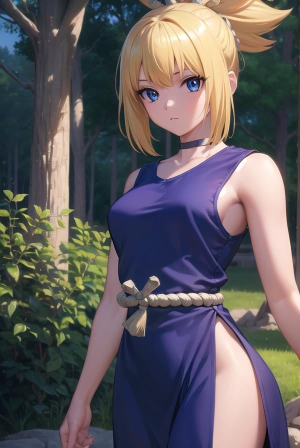 kohaku, <lora:kohaku-lora-nochekaiser:1>,kohaku, blonde hair, blue eyes, hair ornament, ponytail,BREAK bare shoulders, blue dress, choker, dress, rope, rope belt, sleeveless, sleeveless dress, BREAK looking at viewer, full body, (cowboy shot:1.5),BREAK outdoors, sky, forest, nature,BREAK <lyco:GoodHands-beta2:1>, (masterpiece:1.2), best quality, high resolution, unity 8k wallpaper, (illustration:0.8), (beautiful detailed eyes:1.6), extremely detailed face, perfect lighting, extremely detailed CG, (perfect hands, perfect anatomy),