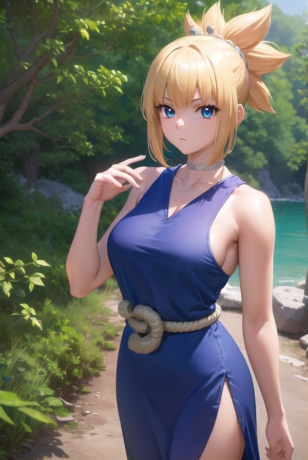 kohaku, <lora:kohaku-lora-nochekaiser:1>,kohaku, blonde hair, blue eyes, hair ornament, ponytail,BREAK bare shoulders, blue dress, choker, dress, rope, rope belt, sleeveless, sleeveless dress, BREAK looking at viewer, full body, (cowboy shot:1.5),BREAK outdoors, sky, forest, nature,BREAK <lyco:GoodHands-beta2:1>, (masterpiece:1.2), best quality, high resolution, unity 8k wallpaper, (illustration:0.8), (beautiful detailed eyes:1.6), extremely detailed face, perfect lighting, extremely detailed CG, (perfect hands, perfect anatomy),