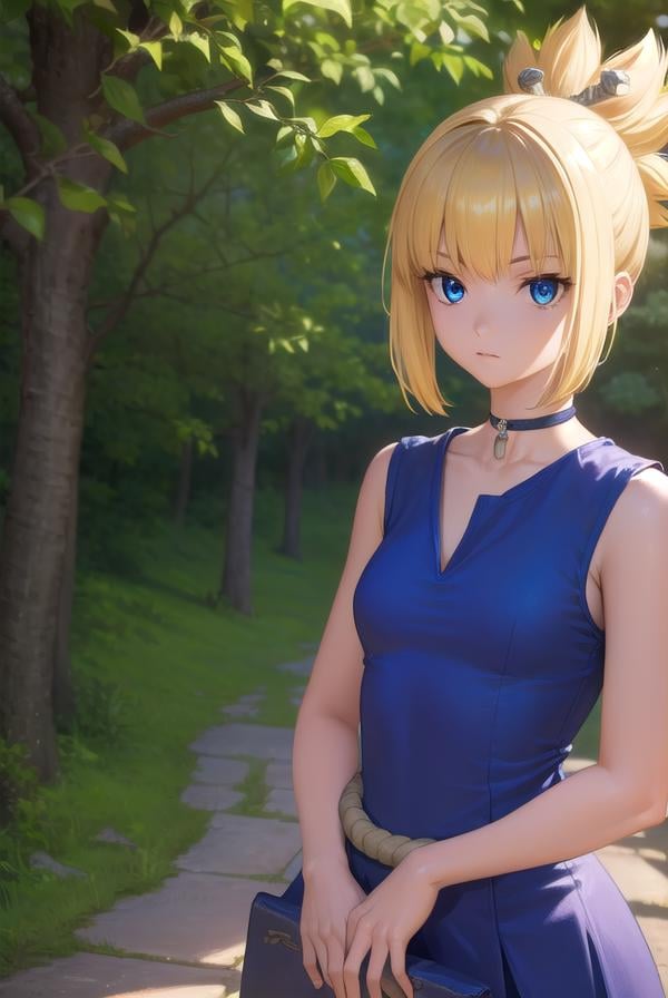 kohaku, <lora:kohaku-lora-nochekaiser:1>,kohaku, blonde hair, blue eyes, hair ornament, ponytail,BREAK bare shoulders, blue dress, choker, dress, rope, rope belt, sleeveless, sleeveless dress, BREAK looking at viewer, full body, (cowboy shot:1.5),BREAK outdoors, sky, forest, nature,BREAK <lyco:GoodHands-beta2:1>, (masterpiece:1.2), best quality, high resolution, unity 8k wallpaper, (illustration:0.8), (beautiful detailed eyes:1.6), extremely detailed face, perfect lighting, extremely detailed CG, (perfect hands, perfect anatomy),