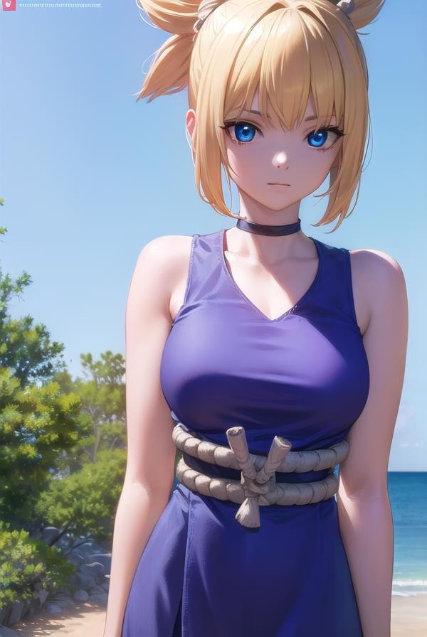 kohaku, <lora:kohaku-lora-nochekaiser:1>,kohaku, blonde hair, blue eyes, hair ornament, ponytail,BREAK bare shoulders, blue dress, choker, dress, rope, rope belt, sleeveless, sleeveless dress, BREAK looking at viewer, full body, (cowboy shot:1.5),BREAK outdoors, sky, forest, nature,BREAK <lyco:GoodHands-beta2:1>, (masterpiece:1.2), best quality, high resolution, unity 8k wallpaper, (illustration:0.8), (beautiful detailed eyes:1.6), extremely detailed face, perfect lighting, extremely detailed CG, (perfect hands, perfect anatomy),