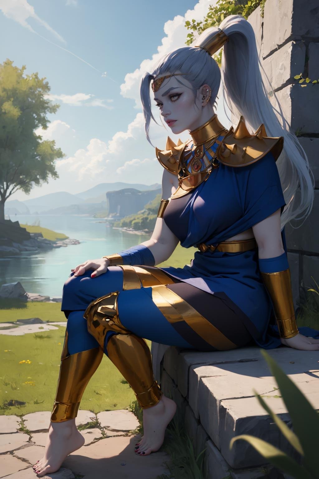 (masterpiece, best quality:1.2), <lora:megaera:.9>, megaera, 1girl, solo, ponytail, colored skin, breasts, piercing, ear piercing, blue skin, single wing, gorget, greek clothes, outdoors, stone, grass, river, colorful, blue sky, sitting, barefoot, 