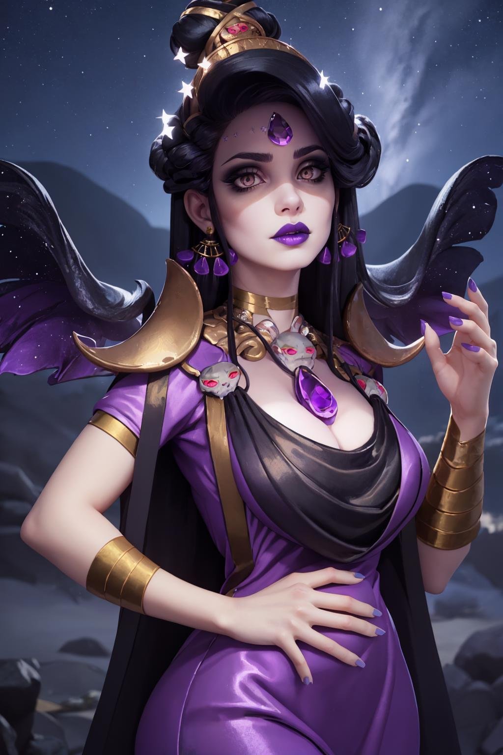 (masterpiece, best quality:1.2),  <lora:nyx:1>, nyx, 1girl, solo, breasts, dress, jewelry, earrings, makeup, lipstick, pale skin, mature female, purple nails, purple lips, volumetric lighting, light particles, sparkling eyes, colorful, outdoors, night sky, star \(sky\), galaxy, 