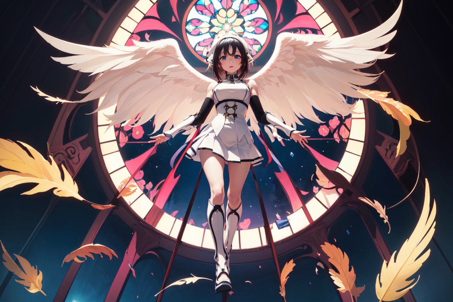 (masterpiece, incredibly absurdres, highres, best quality, official art, beautiful and aesthetic:1.2), one girl, angel Descending, (kaleidoscope:1.2), stained glass, Greek, front view, from below, full body, (angel feather wings), (happy), (vivid), floating colorful feather, black hair,  pink highlight,ikaros