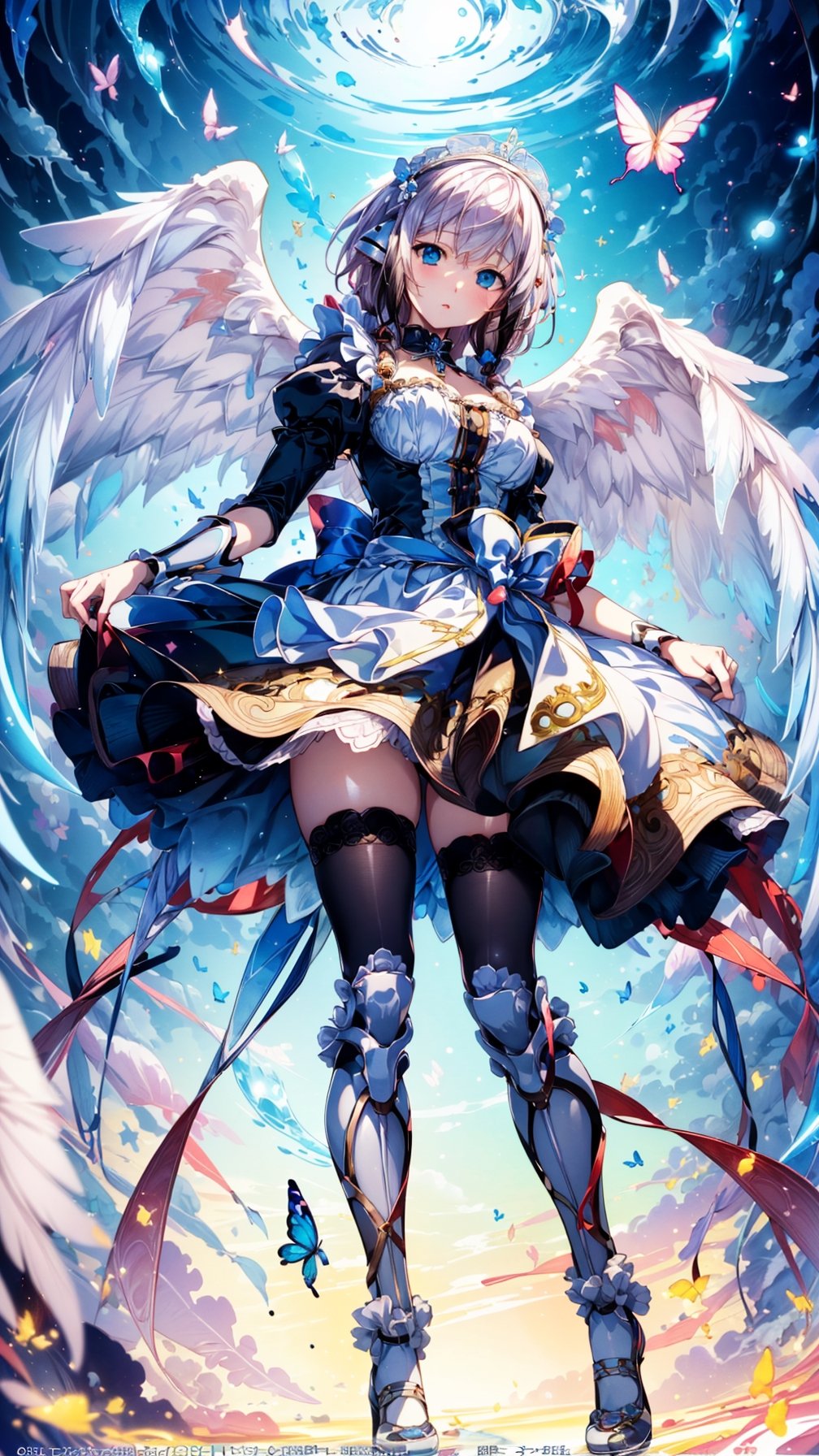 (best quality, masterpiece, illustration, designer, lighting), (extremely detailed CG 8k wallpaper unit), (detailed and expressive eyes), detailed particles, beautiful lighting, a cute girl, long hair, wearing a teddy bear tiara, donning a beautiful blue and white dress with ruffles and lace, sheer pink stockings, transparent aquamarine crystal shoes, bows around her waist (Alice in Wonderland), butterflies around, (Pixiv anime style),(manga style), ((floating in sky)), flowy dress, floating, bubble, dark blue background,Hair with scenery, starry sky,dynamic pose,ikaros,angel_wings