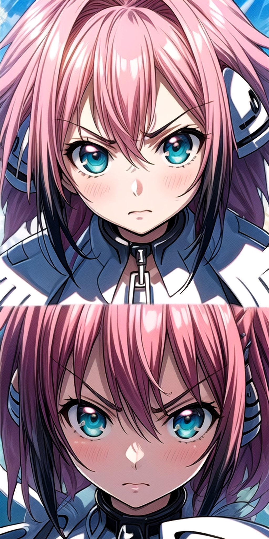 a ikaros,  magenta_hair,  is killing, detailed eyes, pair croissant on her head , angry,  looks pitiful,ikaros