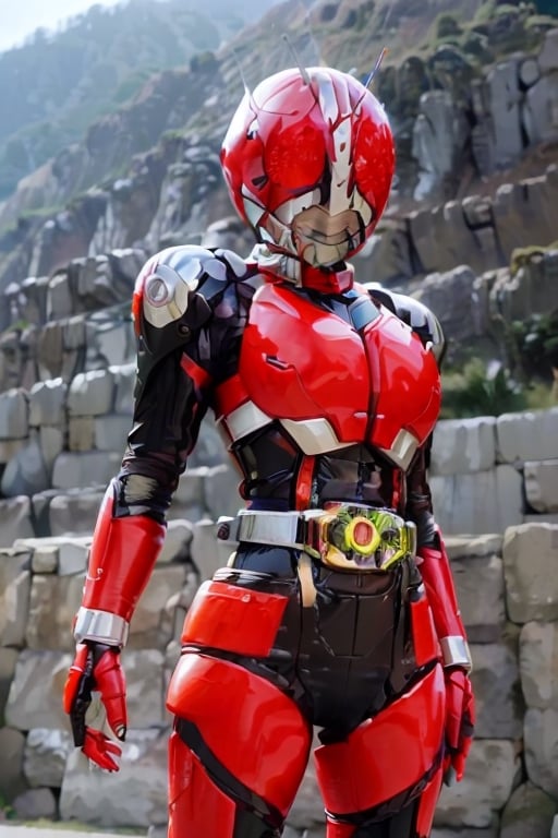 Redmodel, 1girl, beautiful face, symmetrical 3/4 shot, random color, skintight dress, mecha armour, no helmet, model face, short aqua hair, (simple background:1.2), in the style of kamen rider,  small chest, small breasts