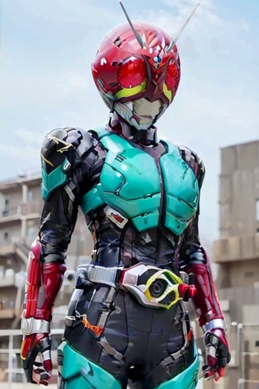 Redmodel, 1girl, beautiful face, symmetrical 3/4 shot, random color, skintight dress, mecha armour, no helmet, model face, short aqua hair, (simple background:1.2), in the style of kamen rider,  small chest, small breasts