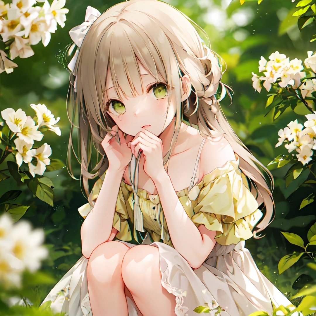 finely detail, Depth of field,(((masterpiece))),((extremely detailed CG unity 8k wallpaper)),best quality,high resolution illustration,Amazing,highres,intricate detail,(best illumination, best shadow, an extremely delicate and beautiful), 


1girl, solo, dress,Gypsophila paniculata L.,Gypsophila paniculata L., green eyes, long hair,Tears, tears, looking at viewer, blurry, bare shoulders, off shoulder, off-shoulder dress, bangs, blurry background, yellow dress, depth of field, hair bow, bow, collarbone, knees up, blush, hands up, squatting, parted lips, white bow, brown hair, brown dress, sitting