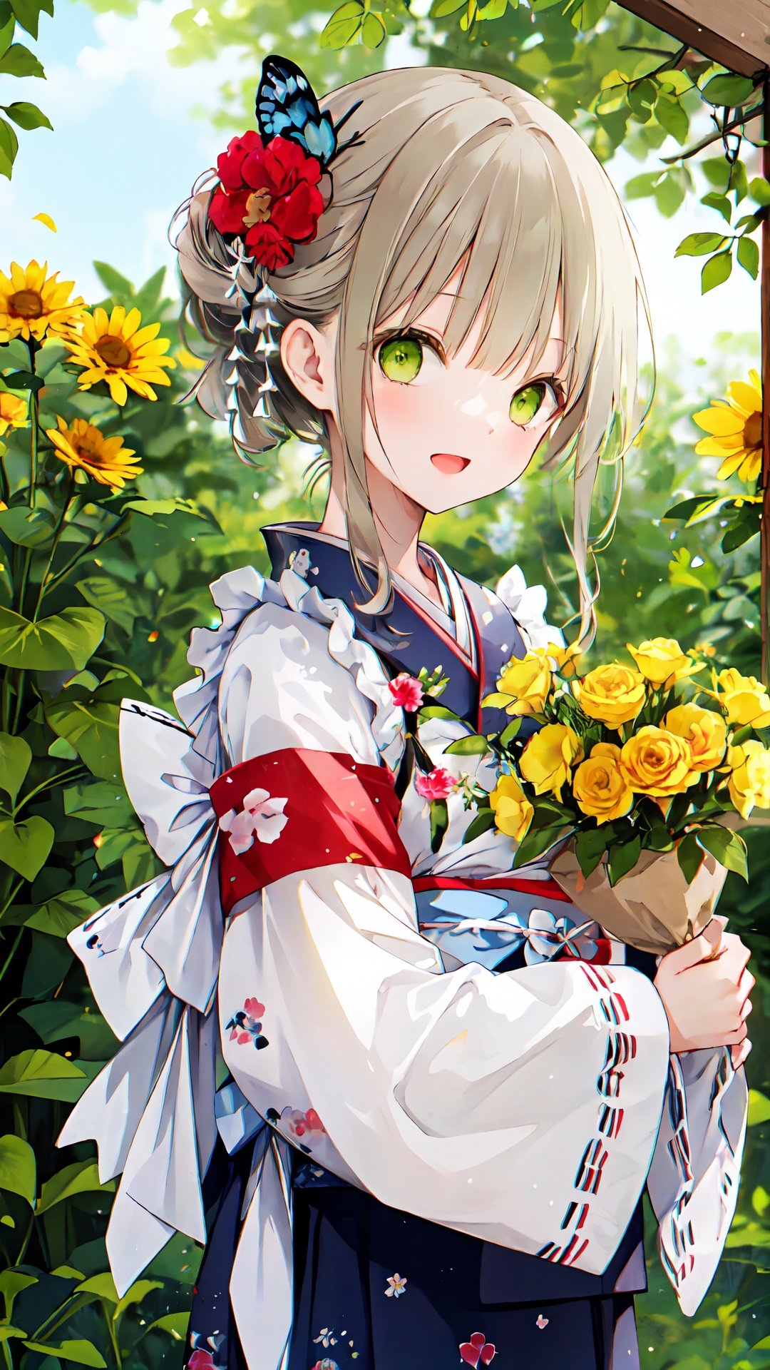 1girl, solo, long hair, flower, brown hair, hair ornament, bug, looking at viewer, smile, green eyes, butterfly, holding, frills, wide sleeves, japanese clothes, long sleeves, bangs, open mouth, kimono, x hair ornament, blush, bouquet, armband, holding bouquet, green kimono, apron, hair flower