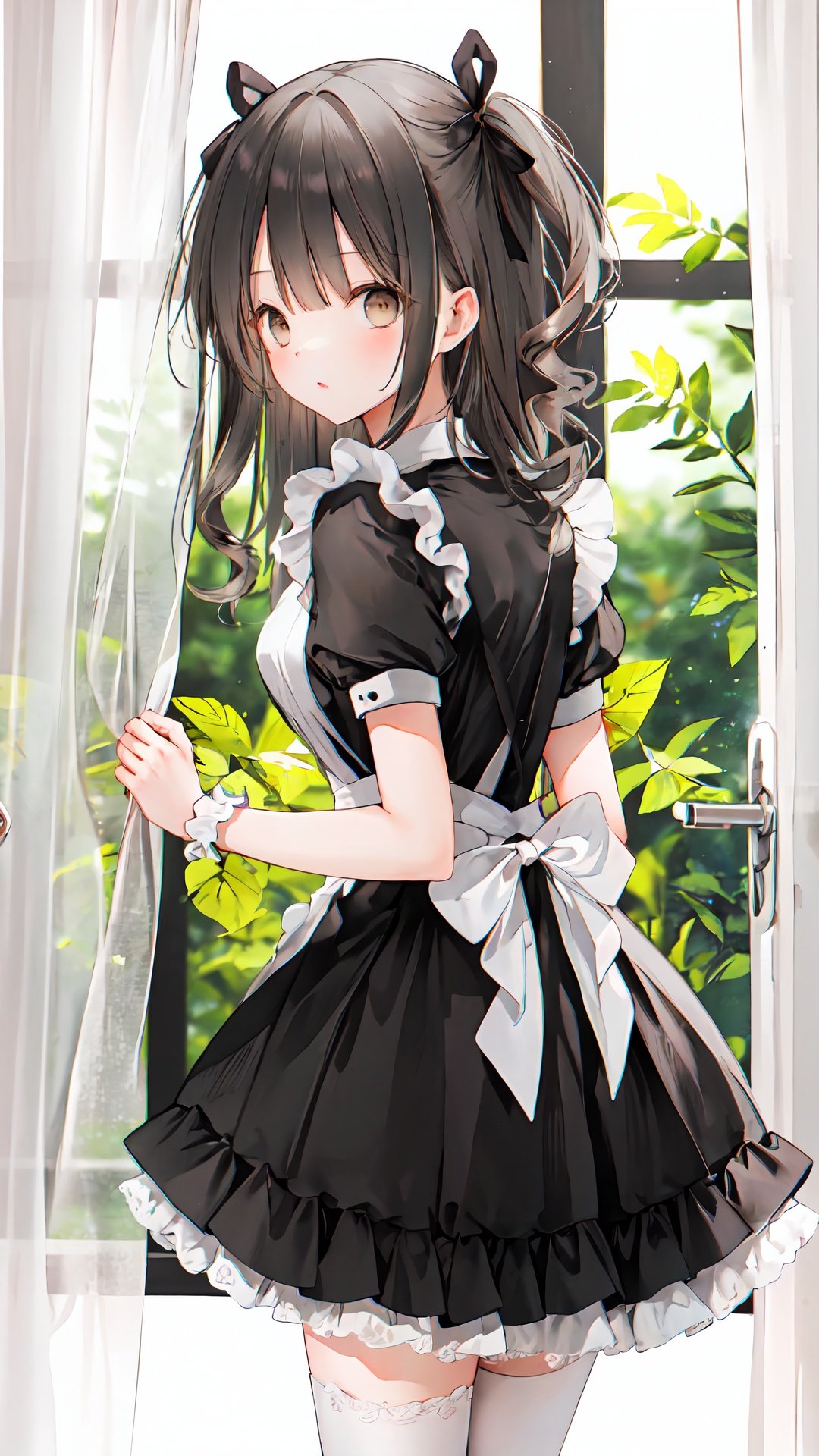 1girl, solo, thighhighs, looking at viewer, long hair, blurry, curtains, window, dress, short sleeves, blush, black thighhighs, depth of field, ribbon, curtain grab, hair ribbon, brown eyes, wrist cuffs, black dress, brown hair, bangs, maid, puffy short sleeves, puffy sleeves, indoors, black ribbon, frills, looking back, blurry background, parted lips, two side up, blurry foreground, apron, plant, bow, standing, cowboy shot, from behind