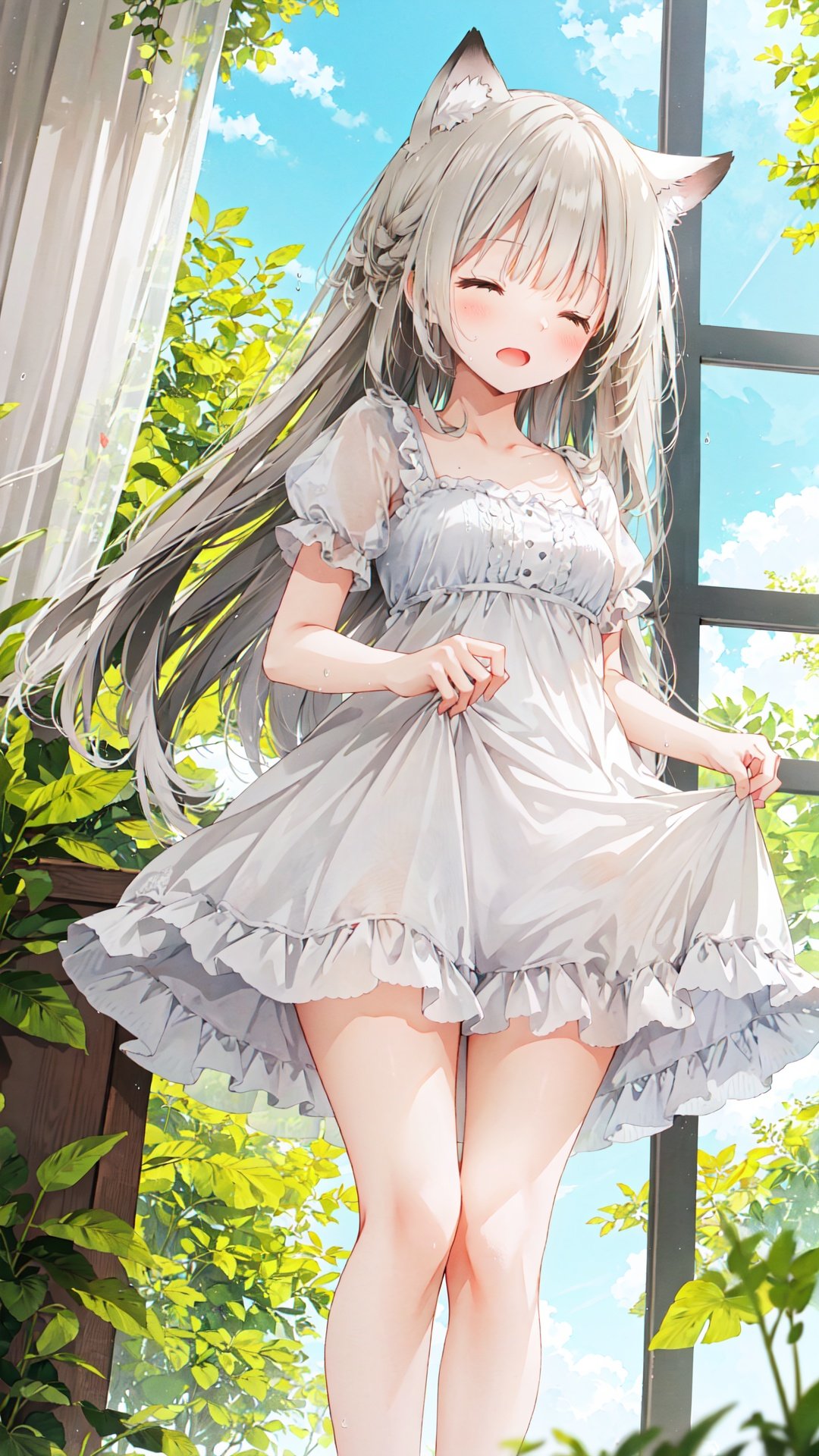 2girabsurdres, highres, best quality,1girl, standing, (clothes lift, wind lift, wind),floating hair, sundress, indoors, window, sunlight,mature female, depth of field, close-up,(closed eyes:1.2), sweat, sweatdrop, lifted by self,(from below:1.1), white dress,fox ears, full body,open mouth, 


