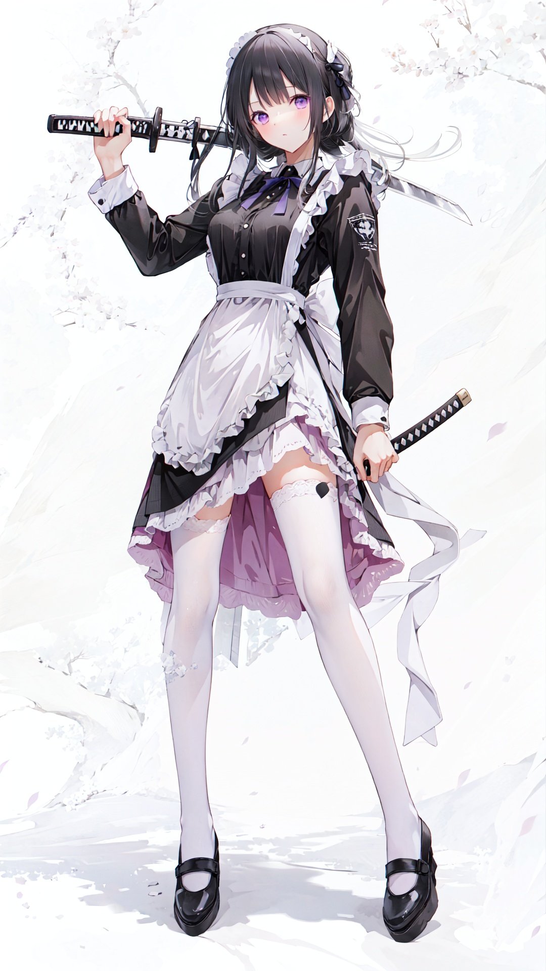 1girl, weapon, thighhighs, solo, sword, maid, purple eyes, holding, maid headdress, holding weapon, white thighhighs, holding sword, looking at viewer, full body, dual wielding, maid apron, apron, breasts, bangs, braid, frills, long hair, dress, long sleeves, black hair, black footwear, katana, standing, side slit