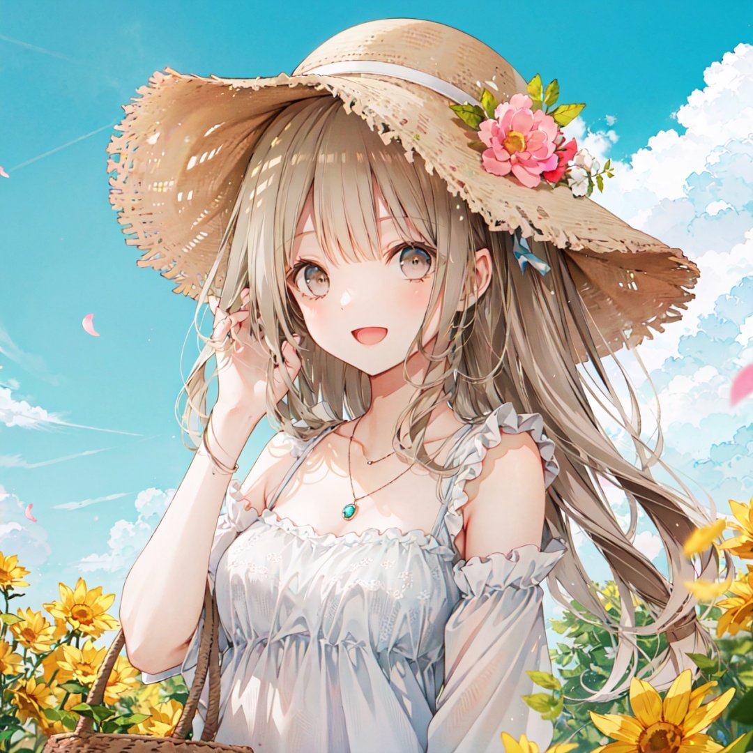 finely detail, Depth of field,(((masterpiece))),((extremely detailed CG unity 8k wallpaper)),best quality,high resolution illustration,Amazing,highres,intricate detail,(best illumination, best shadow, an extremely delicate and beautiful), 


1girl, solo, dress,Gypsophila paniculata L.,Gypsophila paniculata L., 1girl,solo,dress,outdoors,hat,open mouth,smile,flower,brown hair,looking at viewer,green dress,long hair,sky,jewelry,sleeveless dress,straw hat,sleeveless,bangs,petals,:d,necklace,cloud,breasts,basket,bag,pink flower,sun hat,bare shoulders,blush,brown eyes,sundress,collarbone,brown headwear,hand up,