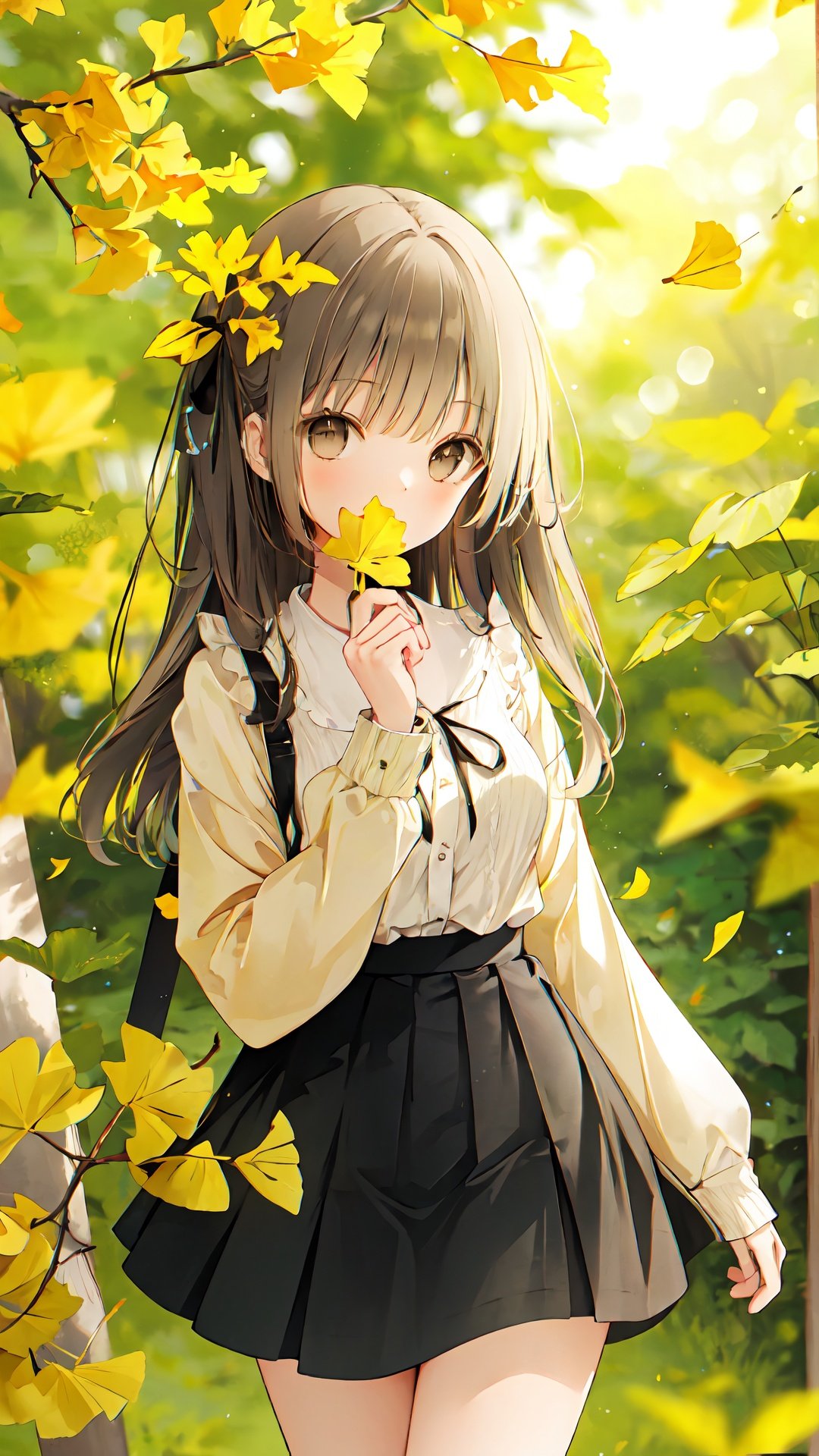 1girl, solo, holding leaf, long hair, ginkgo leaf, brown eyes, skirt, looking at viewer, holding, ribbon, hair ribbon, long sleeves, shirt, blurry, leaf, blurry background, bangs, off shoulder, brown skirt, black ribbon, brown hair, blush, depth of field, white shirt, hand up, autumn leaves, black shirt