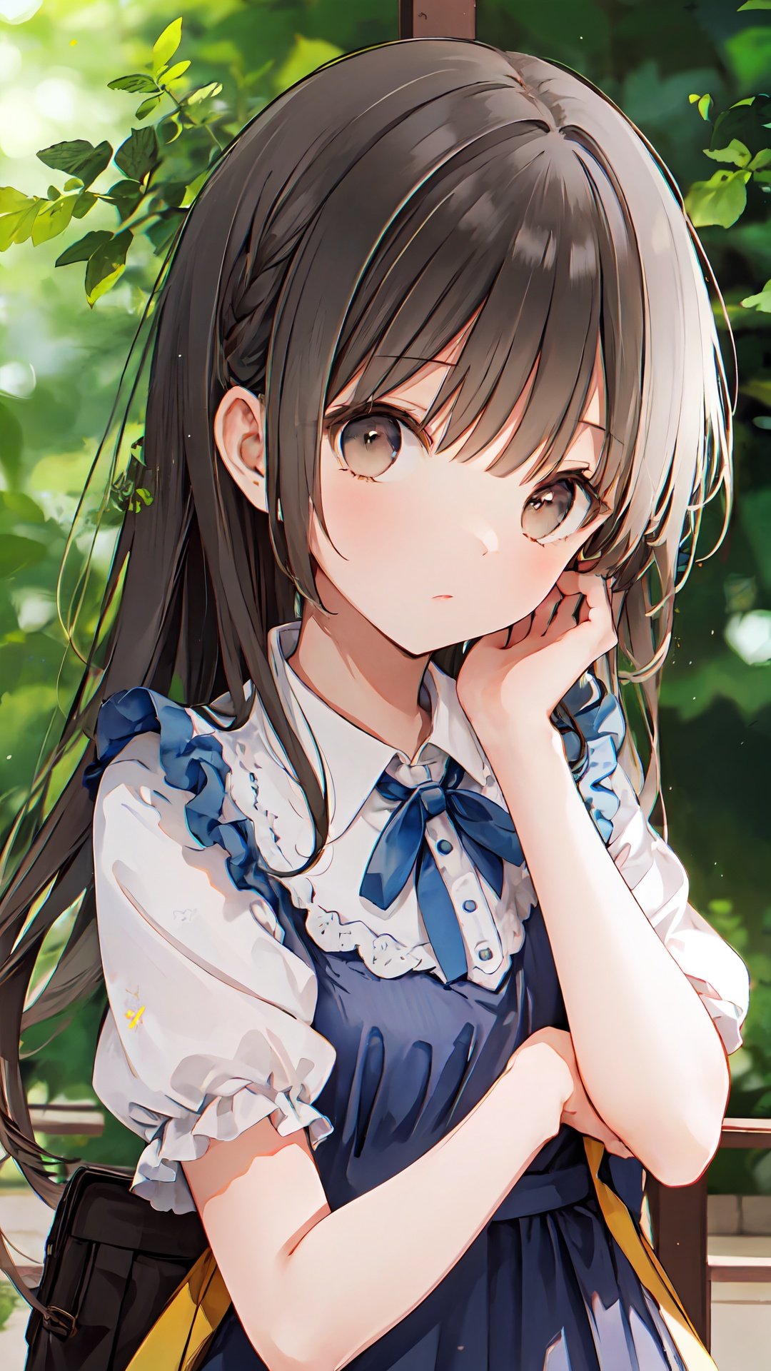 1girl, solo, long hair, dress, brown hair, short sleeves, brown eyes, looking at viewer, blue dress, blurry background, blurry, puffy short sleeves, bangs, puffy sleeves, closed mouth, hand up, depth of field, hand on own face, collared dress