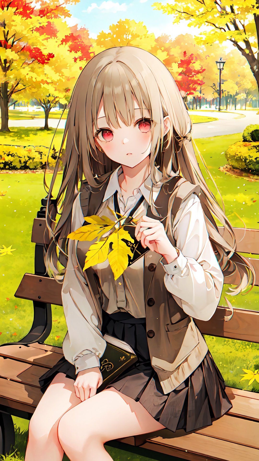 1girl, solo, long hair, book, shirt, looking at viewer, autumn leaves, white shirt, skirt, collared shirt, holding, sitting, long sleeves, holding book, bangs, brown hair, leaf, autumn, brown skirt, parted lips, blush, bench, open book, outdoors, pleated skirt, vest, red eyes