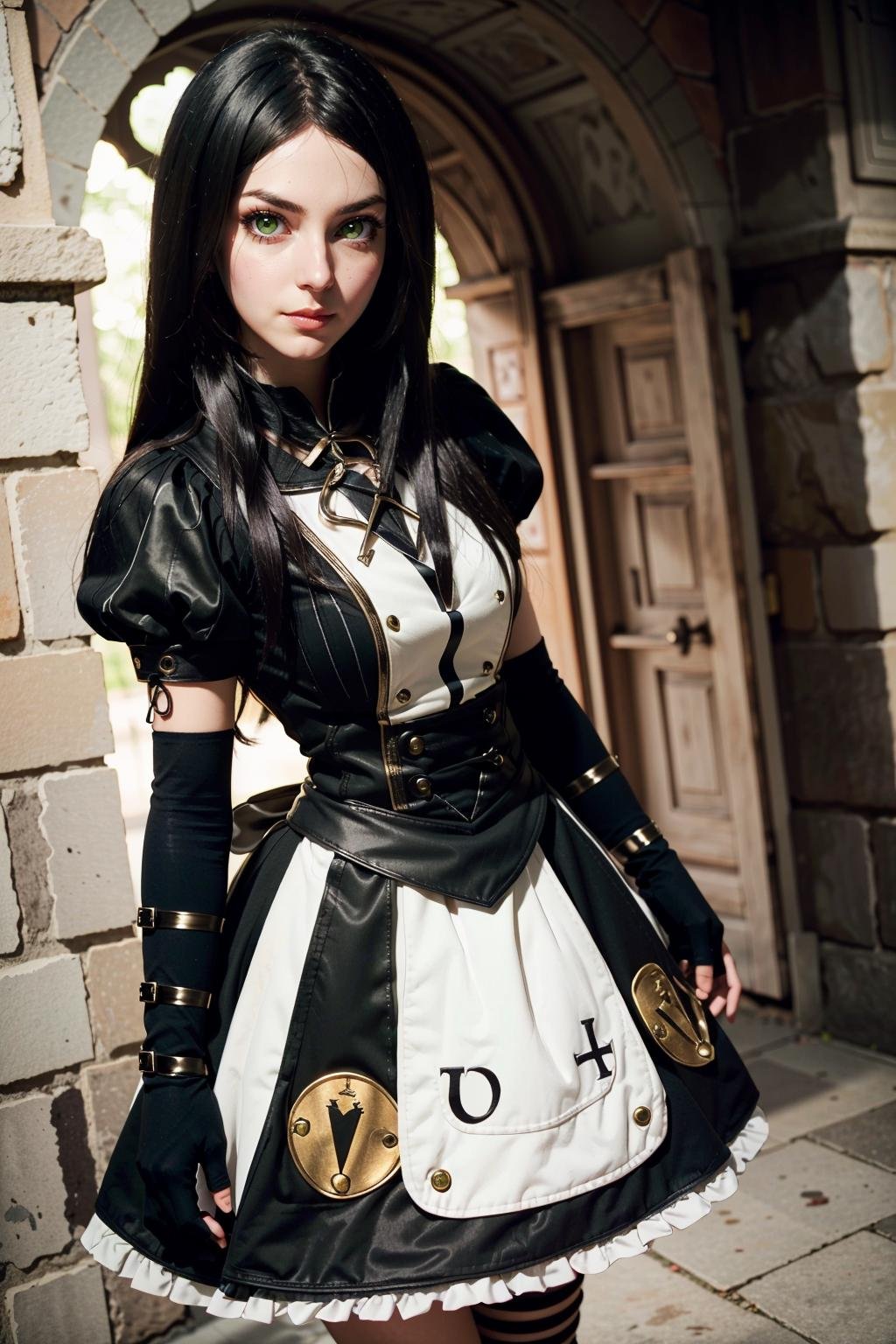 (masterpiece, highres, best quality:1.2) <lora:AliceMadness:0.8>AliceMadness, 1girl, solo, long hair, black hair, gloves, green eyes, fingerless gloves, makeup