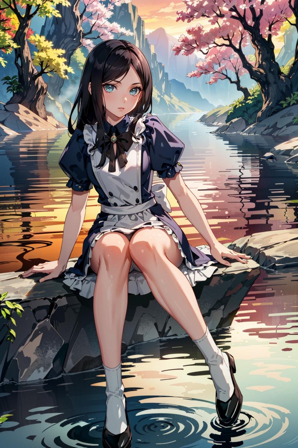 (masterpiece, highres, best quality:1.2) <lora:AliceMadness:0.8>AliceMadness, 1girl, solo, long hair, black hair, dress, full body, sitting, riverside, sunset, warm and golden light reflecting off the water