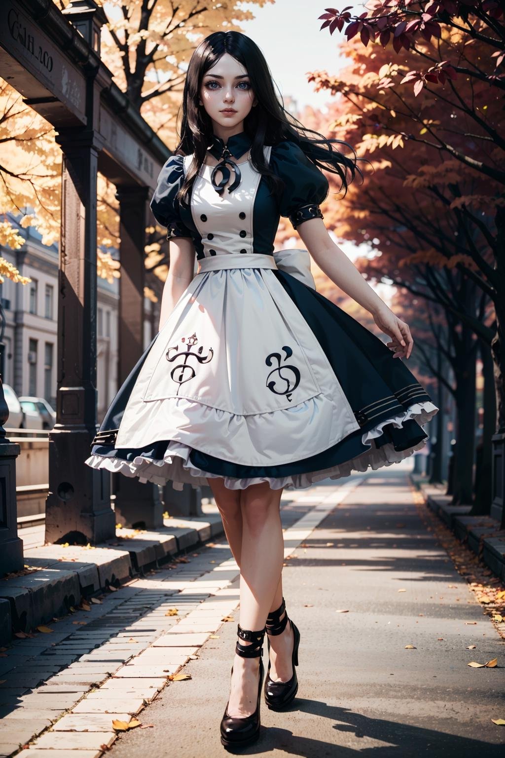 (masterpiece, highres, best quality:1.2) <lora:AliceMadness:0.8>AliceMadness, 1girl, solo, long hair, black hair, dress, full body, city street, afternoon, warm and vibrant sunlight , horror \(theme\)