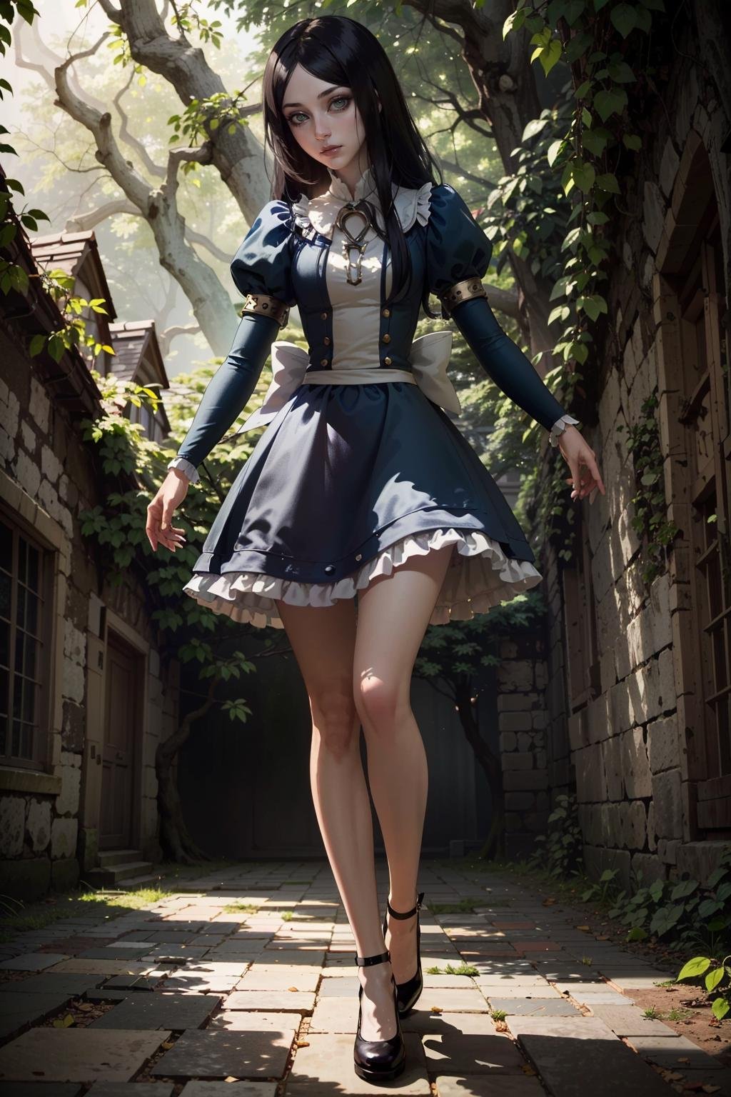 (masterpiece, highres, best quality:1.2) <lora:AliceMadness:0.8>AliceMadness, 1girl, solo, long hair, black hair, dress, full body, vine-covered terrace, morning, gentle filtered light through the foliage , horror \(theme\)