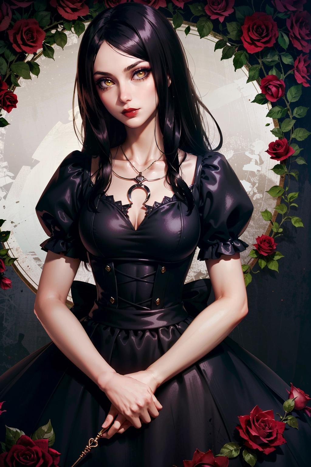 (masterpiece, highres, best quality:1.2) <lora:AliceMadness:0.8>AliceMadness, 1girl, solo, long hair, looking at viewer, black hair, hair ornament, dress, bow, jewelry, yellow eyes, flower, short sleeves, puffy sleeves, hair flower, necklace, black dress, makeup, rose, lipstick