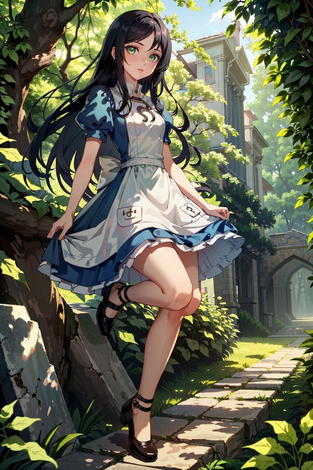 (masterpiece, highres, best quality:1.2) <lora:AliceMadness:0.8>AliceMadness, 1girl, solo, long hair, black hair, dress, full body, garden maze, midday, dappled sunlight peeking through leafy green walls