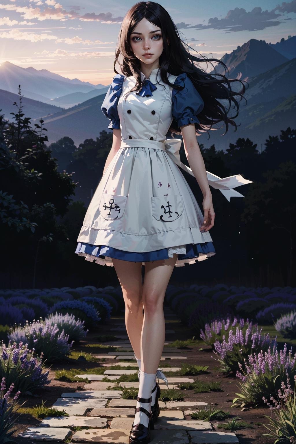 (masterpiece, highres, best quality:1.2) <lora:AliceMadness:0.8>AliceMadness, 1girl, solo, long hair, black hair, dress, full body, lavender field, morning, soft and warm light with a gentle breeze , horror \(theme\)