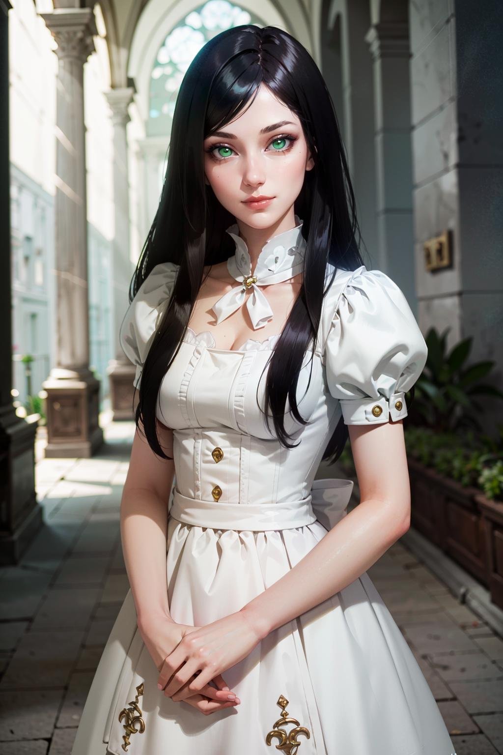 (masterpiece, highres, best quality:1.2) <lora:AliceMadness:0.8>AliceMadness, 1girl, solo, long hair, black hair, green eyes,  seductive smile, pale white skin, Detailed face, intricate, elegant, highly detailed,8k, digital painting, trending on pinterest, GUCCI, PRADA, harper's bazaar, concept art, sharp focus