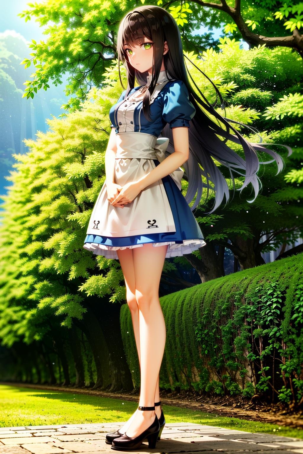 (masterpiece, highres, best quality:1.2)<lora:AliceMadness:0.8>AliceMadness, 1girl, solo, long hair, black hair, green eyes, full body, standing in front of a beautiful landscape