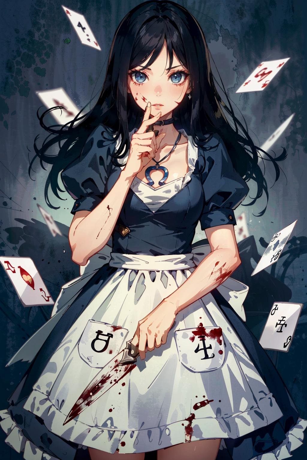 (masterpiece, highres, best quality:1.2)<lora:AliceMadness:0.8>, horror \(theme\), AliceMadness, 1girl, solo, long hair, black hair, dress, jewelry, necklace, apron, blood, knife, card