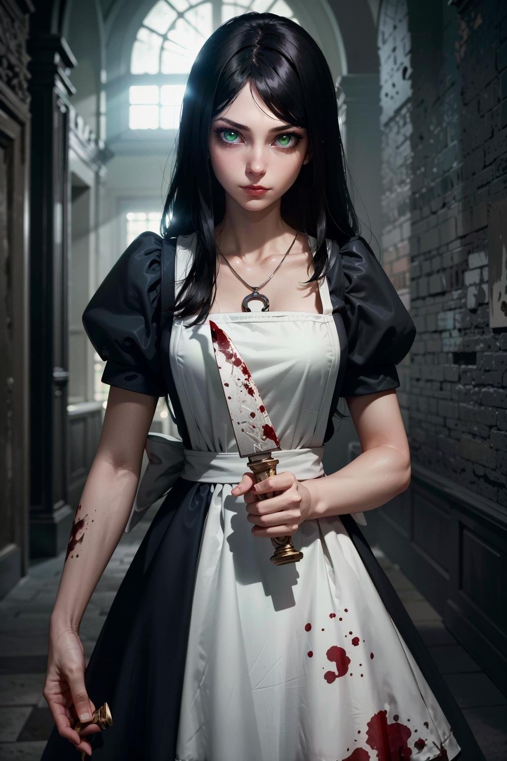 (masterpiece, highres, best quality:1.2) <lora:AliceMadness:0.8>AliceMadness, 1girl, solo, long hair, black hair, dress, jewelry, green eyes, necklace, apron, blood, knife, horror \(theme\), 