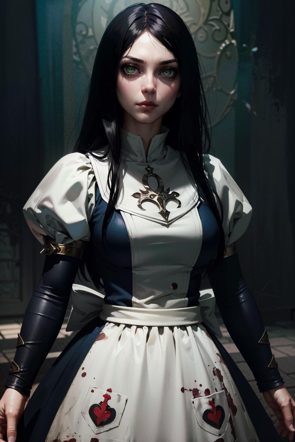 (masterpiece, highres, best quality:1.2)<lora:AliceMadness:0.8>AliceMadness, 1girl, solo, long hair, black hair, green eyes, upper body, red dress, horror \(theme\),  dark fantasy, extremely detailed, digital painting, artstation, concept art, smooth, sharp focus, illustration, intimidating lighting, incredible art