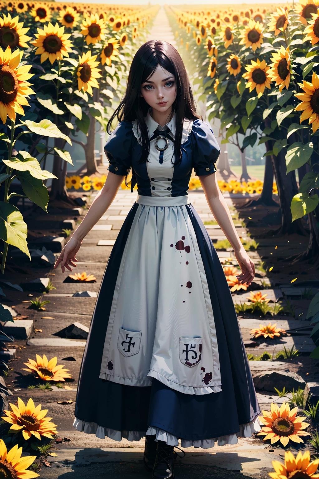 (masterpiece, highres, best quality:1.2) <lora:AliceMadness:0.8>AliceMadness, 1girl, solo, long hair, black hair, dress, full body, sunflower field, morning, soft and warm light illuminating the cheerful blooms , horror \(theme\)