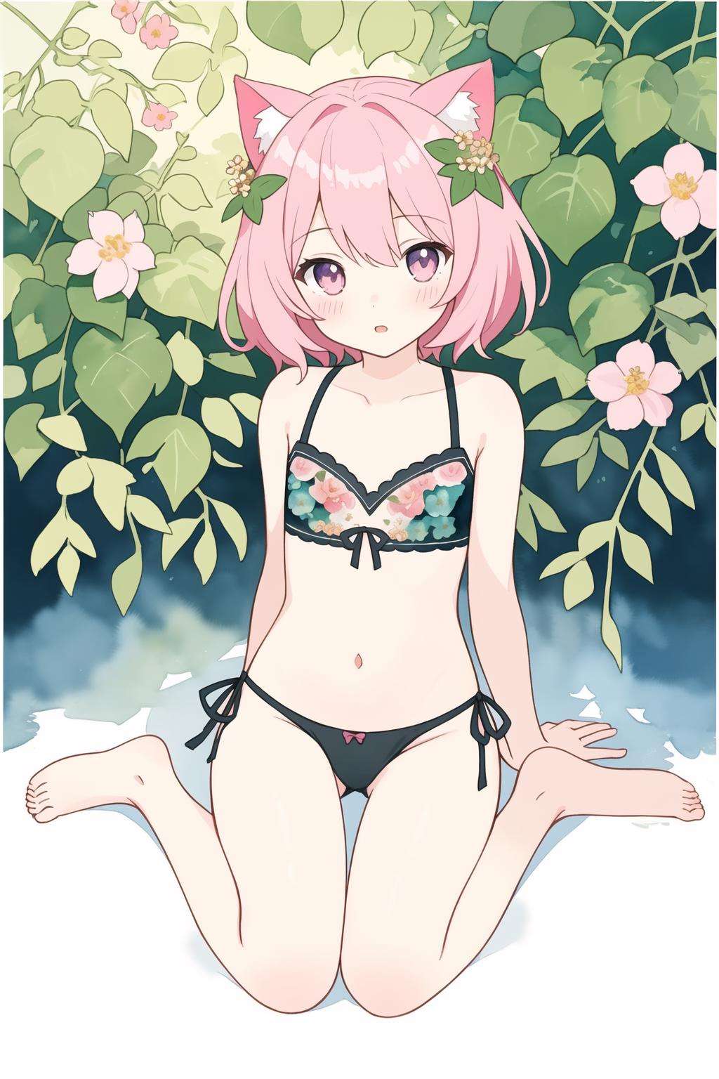 (watercolor:1.2), masterpiece, best quality, extremely detailed, 1girl, full body, beautiful detailed eyes, cute anime face, full body, beautiful detailed face, pink hair, (Botanical illustration:1.5), (plants:1.2), (leaves:1.3), navel, bare_shoulders, side-tie_panties, Basis pedunculi, Hands behind back, Cat ear, (Wariza:1.5)