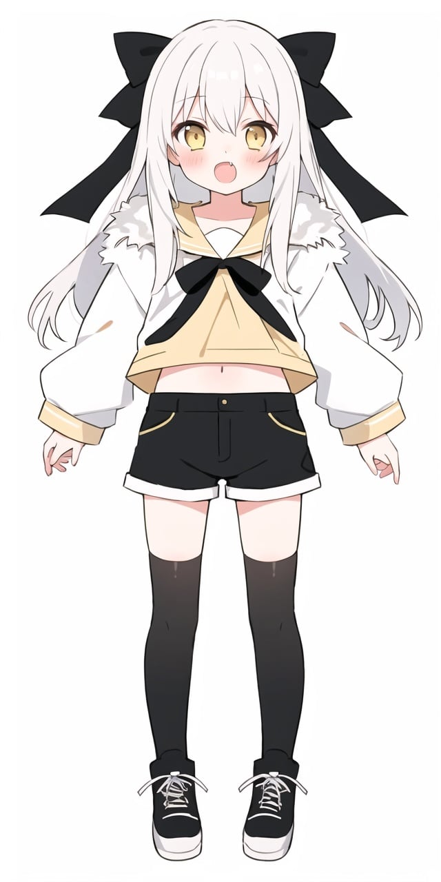 1girl, simple background, (white background:1.5), multiple views,open-mouth,1girl, solo, navel, shorts, black shorts, yellow eyes, fang, midriff, white shirt, blush, hair ribbon, white hair, black ribbon,long hair