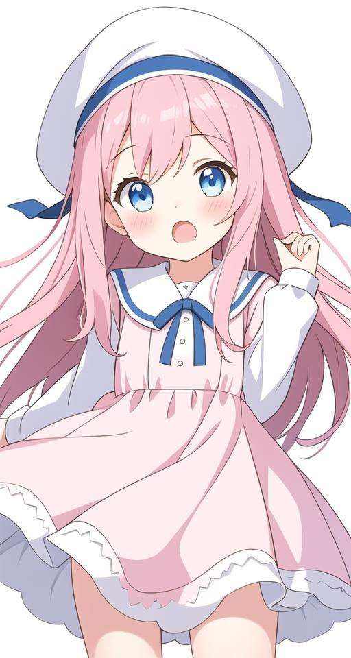 official art,1girl, simple background,[(white background:1.5)::0.2],open-mouth,(white background:1.2)1girl,blue eyes, long hair, pink hair,beret,separation sleeve,(white dress:1.3),blue ribbon,french argument,