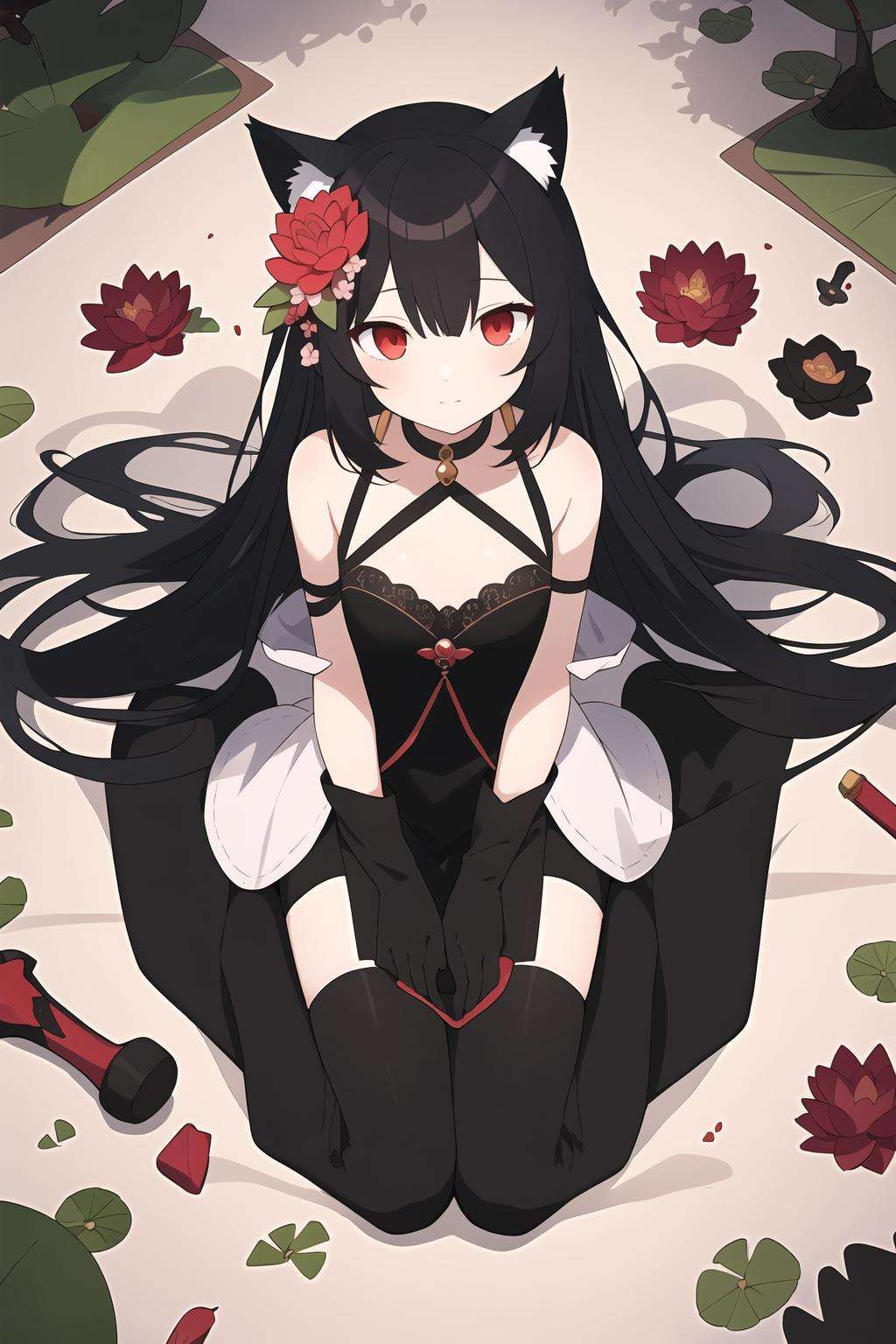 illustration, red eyes, black hair, cat ears, hair flower, lotus, wariza, from above, highres, solo focus, masterpiece, best quality, full body