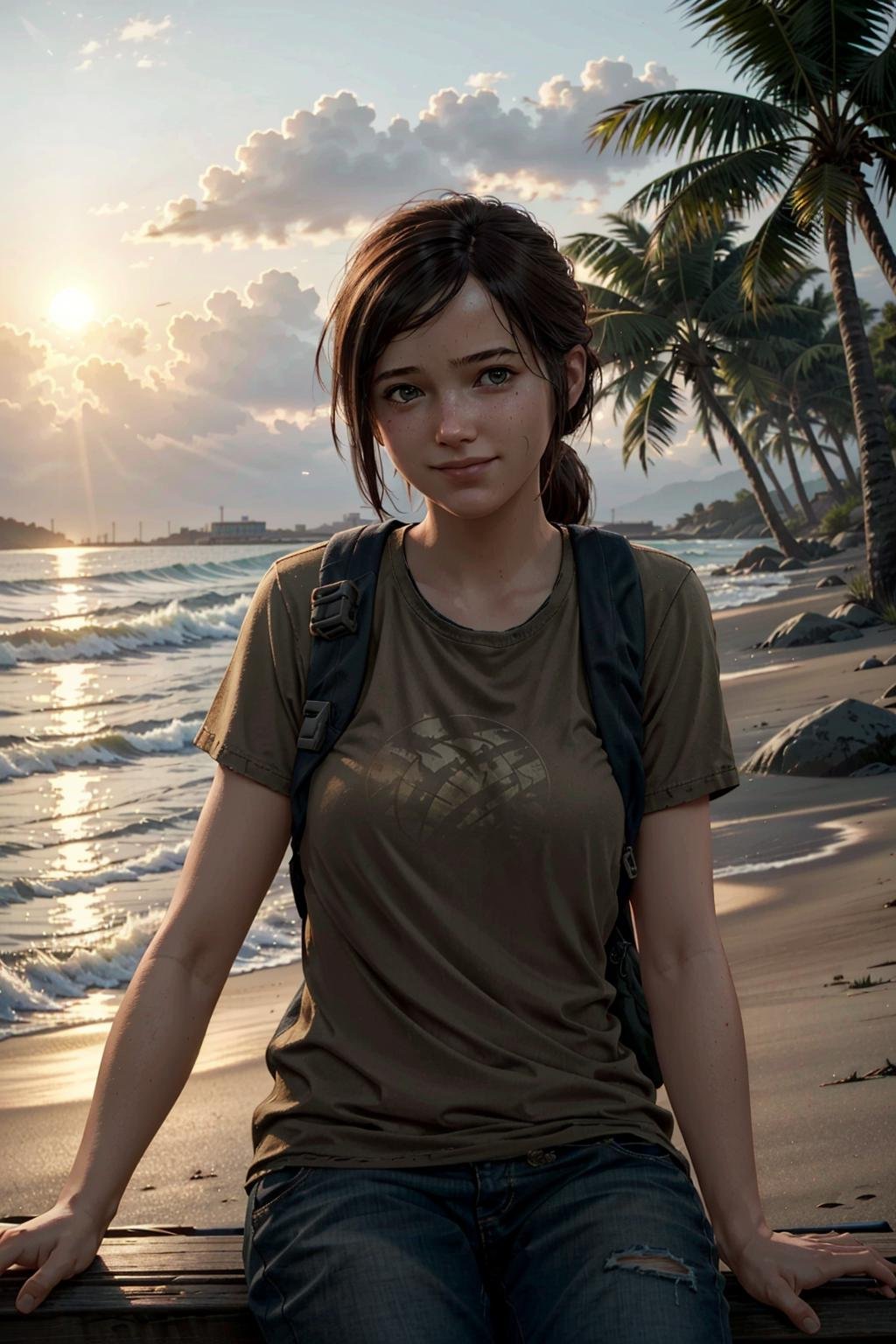 Ellie, 1girl, realistic, solo, sitting at the beach, cocktail in hand, shy smile, sundown,masterpiece, best quality, cinematic lighting,<lora:epi_noiseoffset2:1>,  <lora:Ellie:0.7>