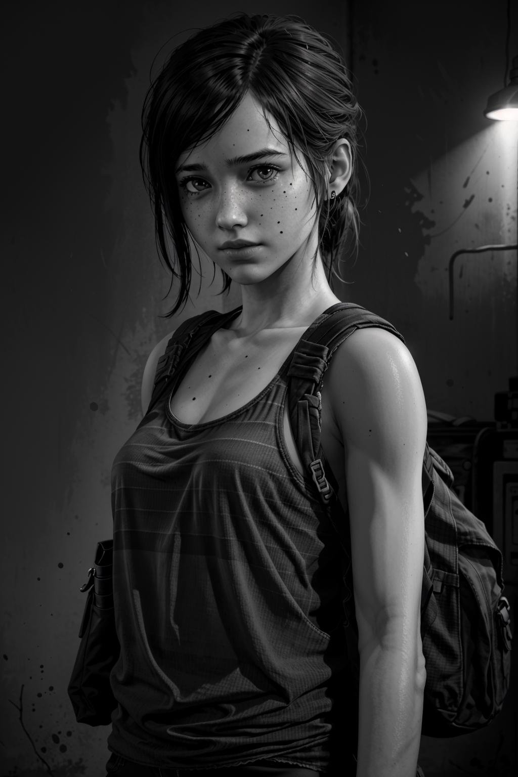 Ellie, 1girl, solo, backpack, monochrome, realistic, bag, greyscale, short hair, tank top, upper body, spot color, mole, lips,masterpiece, best quality, cinematic lighting,<lora:epi_noiseoffset2:1>,  <lora:Ellie:0.7>