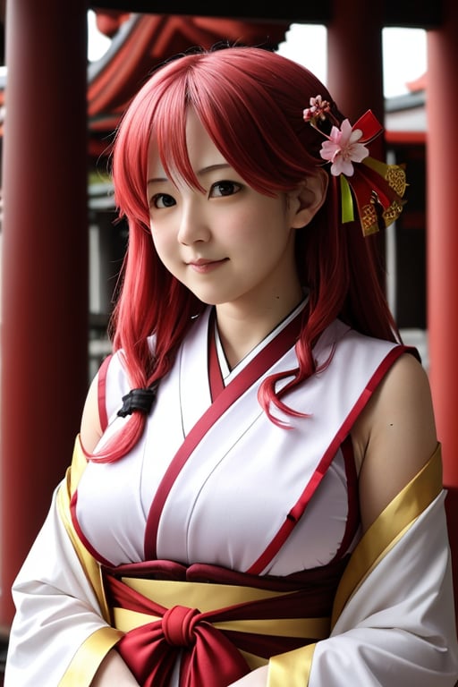 masterpiece, best quality, 1girl, (Sakura Miko), hololive, photorealistic, upperbody, low lighting, big city, PHOTOGRAPHY, attractive japanese cosplay face, upperbody shot,  shrine maiden outfit