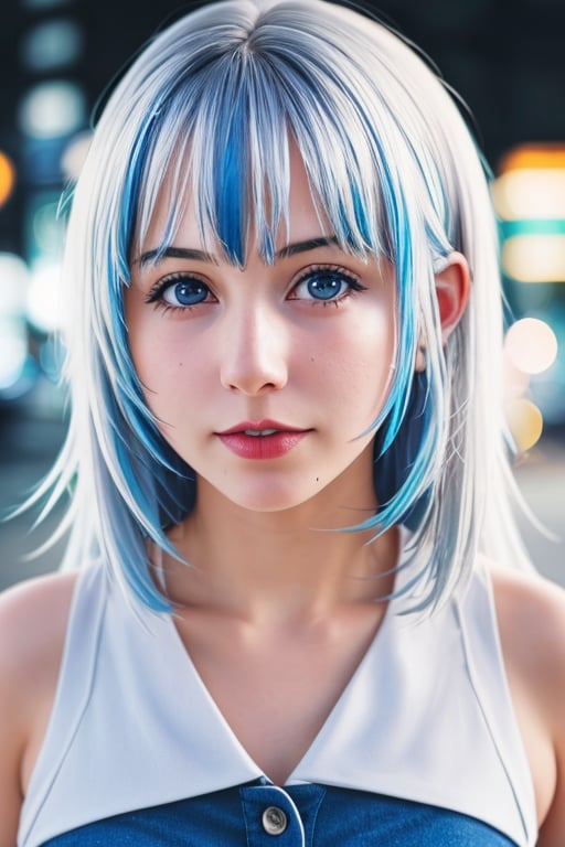 masterpiece, best quality, 1girl, Gawr Gura, hololive, photorealistic, upperbody, low lighting, big city, PHOTOGRAPHY, attractive face, upperbody shot,  blue hair