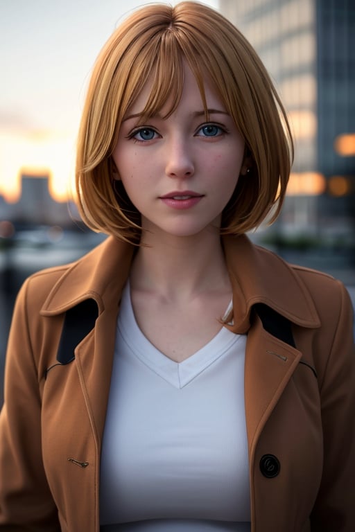 masterpiece, best quality, 1girl, Amelia Watson, hololive, photorealistic, upperbody, low lighting, big city, PHOTOGRAPHY, attractive face, upperbody shot, blonde, short hair