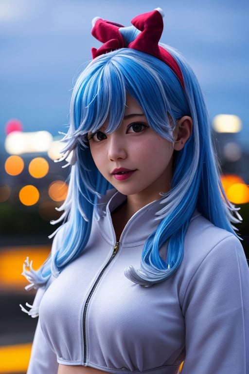 masterpiece, best quality, 1girl, Kobo Kanaeru, hololive, photorealistic, upperbody, low lighting, big city, PHOTOGRAPHY, attractive indonesia cosplay face, upperbody shot,  flat chested, white hoodie, blue hair. liquid hair