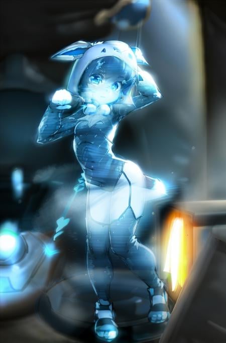 Pokekid, (onesie, hood), (leaning forward, paw pose), HologramCzar, (hologram, translucent, translucent body, chromatic aberration, glowing, blue theme, outline glow, blue monochrome, hologram projector), full body, beautiful face, detailed eyes, detailed face, (masterpiece:1.2), hires, ultra-high resolution, 8K, high quality, (sharp focus:1.2), clean, crisp, cinematic, <lora:pokemonPokekid_v20:1>,<lora:Hologram-v1:1.6>