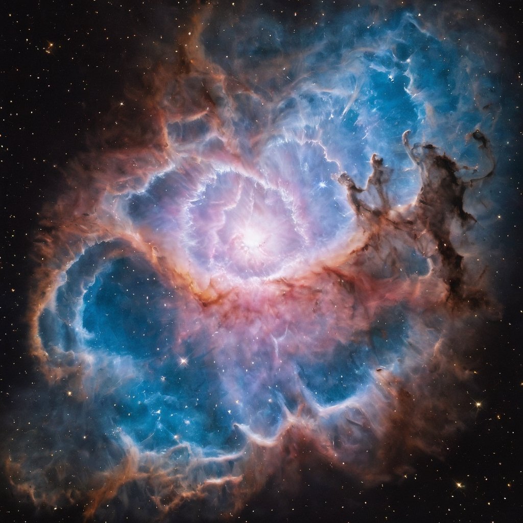(In the heart of the Sagittarius constellation lies the Lagoon Nebula, a hyperdetailed interstellar cloud. Its striking features include intricate dark lanes, twisted filaments, and ethereal knots, where new stars come to life. The nebula's vibrant colors of rose and azure stand out against the stellar canvas of the Milky Way), 8k octane render, high detail, masterpiece, hyperdetailed, intricate details, 