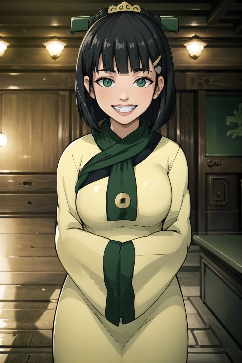 (best quality), (highly detailed), masterpiece, (official art), suguha kirigaya, (green eyes:1.2), hair ornament, hairclip, short hair, black hair, bob cut, (joo dee:1.2), grin, lips, hands in opposite sleeves, blurry background, depth of field, best quality, masterpiece, intricate details, tonemapping, sharp focus, hyper detailed, trending on Artstation, 1 girl, solo, high res, official art,nishikino maki,zodiac_suguha